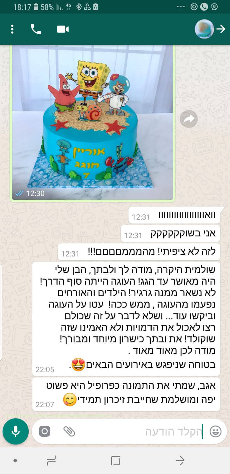 עוגה מעוצבת של בוב ספוג לגיל 7 מבית שולמית כהן מקבלת ביקורת מדהימה