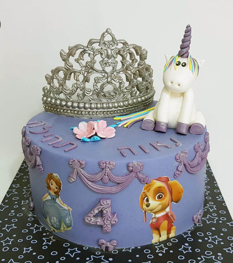 עוגת יום הולדת לבנות עם חד קרן הנסיכה סופייה וסקיי ממפרץ ההרפתקאות